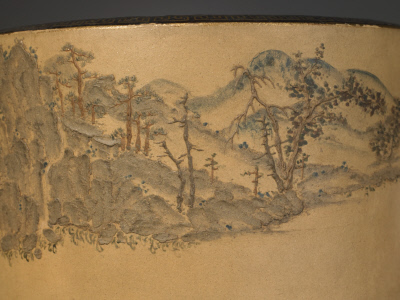 图片[3]-Yixing kiln purple sand painting large brush holder with landscape figure pattern-China Archive